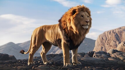 Obraz premium A lion on a rocky hillside with mountains in the background