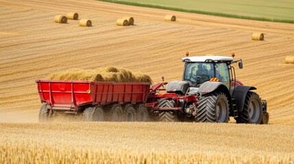 Fototapeta premium A tractor towing a grain cart through a harvested cornfield under a bright blue sky