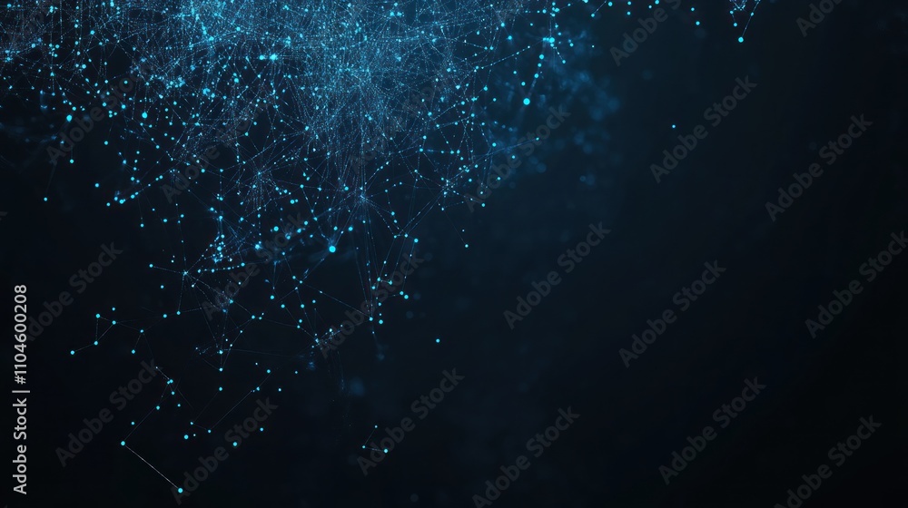 Poster abstract digital network design with glowing nodes on a dark background.