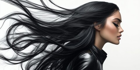 Fototapeta premium Elegant Asian Woman with Flowing Black Hair in Leather Jacket