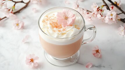 Delicate Cherry Blossom Latte with Whipped Cream and Petals