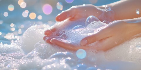 Fototapeta premium Person washing hands with bubbles in water.