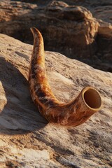Naklejka premium Shofar, or ram's horn, lying on a rocky surface with a desert landscape in the background. It is an ancient musical instrument and religious symbol used in Jewish tradition.