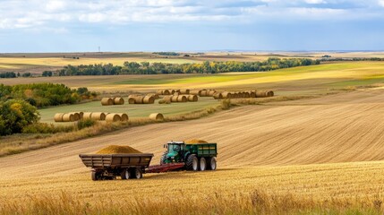Obraz premium A tractor towing a grain cart through a harvested cornfield under a bright blue sky