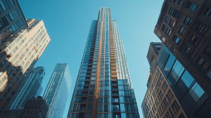 Obraz premium Low angle view of skyscrapers against a clear blue sky.