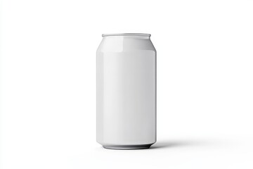 A white can of soda is sitting on a white background