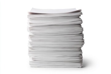 Towering stack of white paper sheets isolated on white background