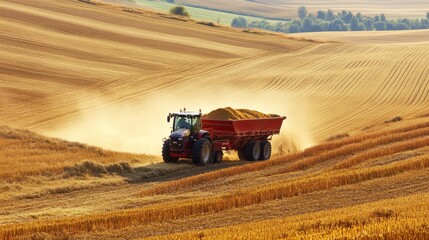 Fototapeta premium A tractor towing a grain cart through a harvested cornfield under a bright blue sky