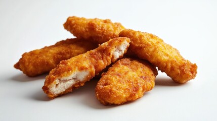 Battered and fried chicken bites on white background.