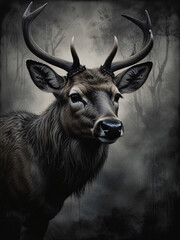 Intense Deer with Antlers Photography in Dark Abstract Settings for Strong and Emotional Wildlife Shots