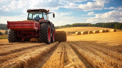 Obraz premium A tractor towing a grain cart through a harvested cornfield under a bright blue sky