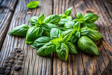 Fresh green basil leaves on rustic wooden surface. (1)
