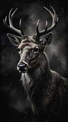 Majestic Deer with Antlers on Dark Abstract Backgrounds for Capturing Wilderness in Fine Art