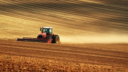 Fototapeta premium A tractor with a harrow attachment smoothing the surface of a field after plowing