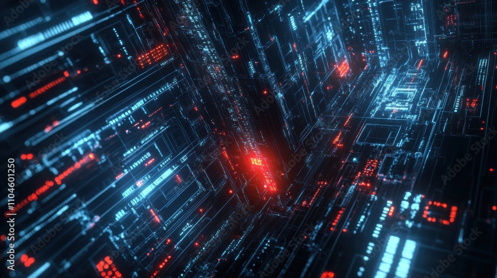 Poster Abstract Digital Data Flow with Neon Blue and Red Lights Pattern
