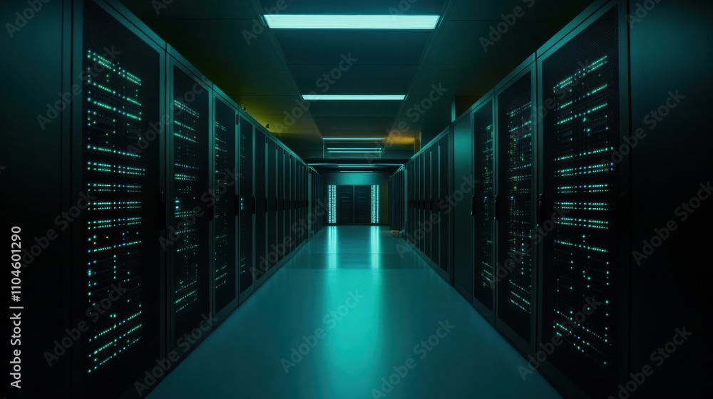 Poster a dimly lit corridor in a data center lined with server racks.