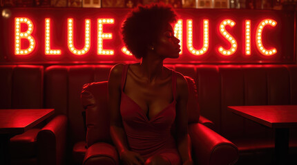 A Black Woman in a Red Dress Sitting Gracefully in a Chair, Bathed in Red Lights, Capturing the Essence of Blues Music.

