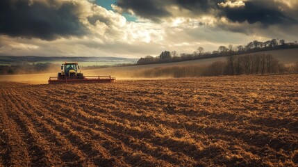 Fototapeta premium A tractor with a harrow attachment smoothing the surface of a field after plowing