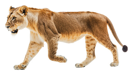 Obraz premium Lioness walking gracefully in natural habitat, cut out - stock png.