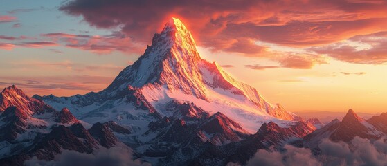 Fototapeta premium Sunrise action at mountain peak with glowing augmented reality nature landscape inspirational view
