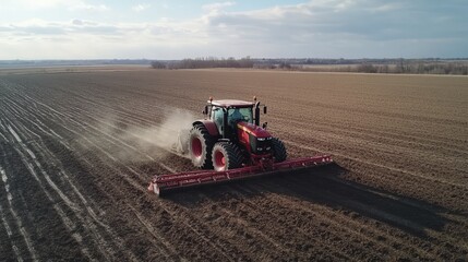 Obraz premium A tractor with a harrow attachment smoothing the surface of a field after plowing