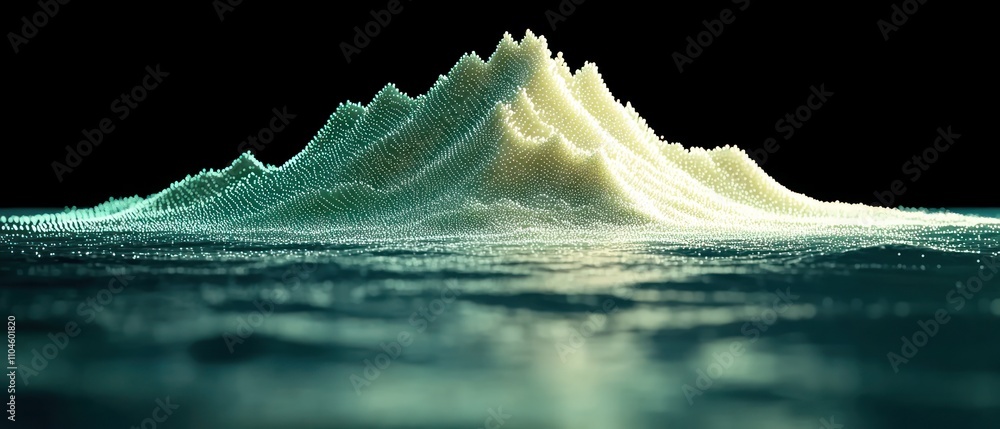Poster a digital representation of waves or mountains created with particles and light effects.