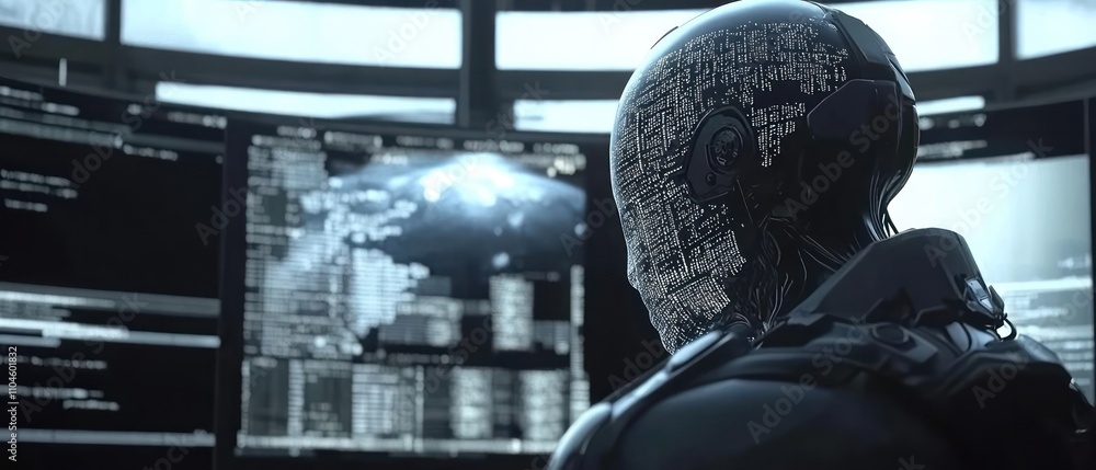 Poster a futuristic humanoid robot observes data on multiple screens in a high-tech environment.