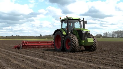 Fototapeta premium A tractor with a harrow attachment smoothing the surface of a field after plowing