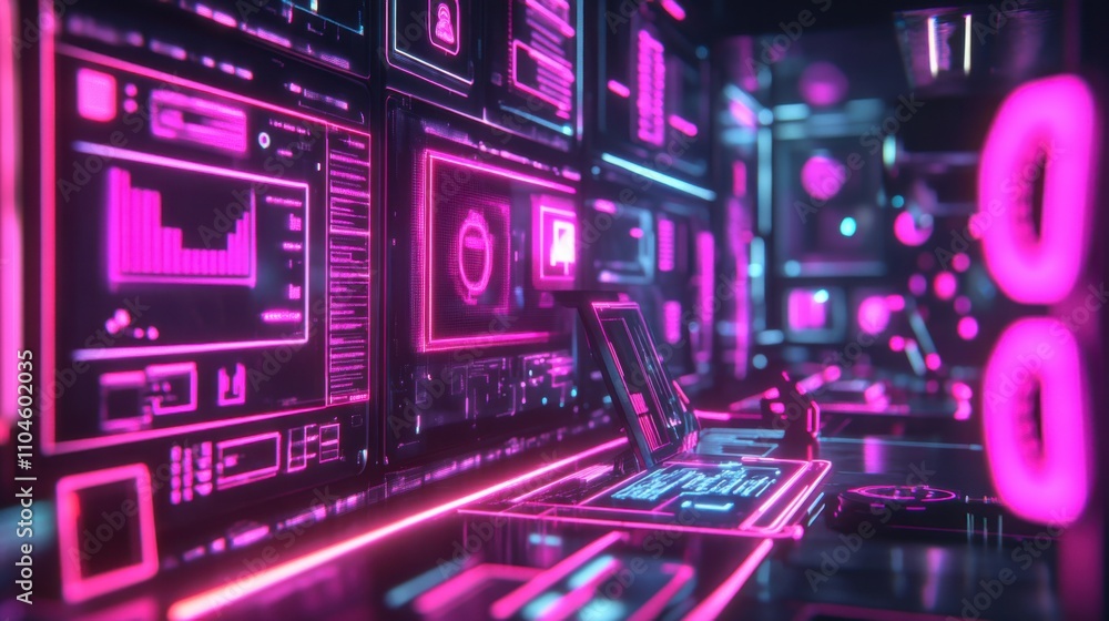 Poster futuristic digital interface with neon lights and data visualization