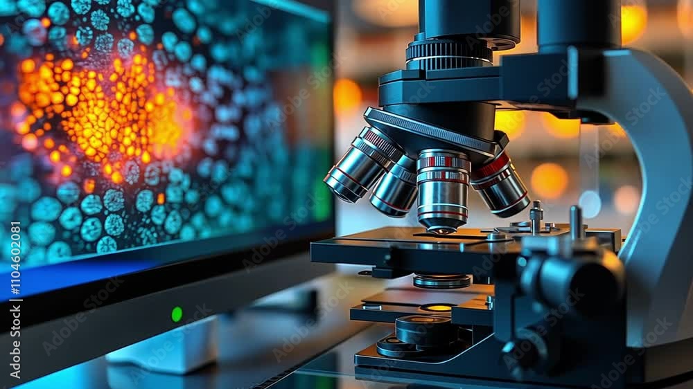 Poster a scientist using a microscope in a modern lab to study microorganisms on a computer screen