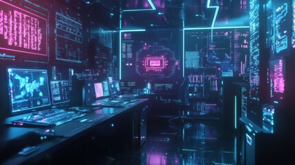 Obraz premium Futuristic Cybernetic Control Room with Neon Lights and Tech Elements