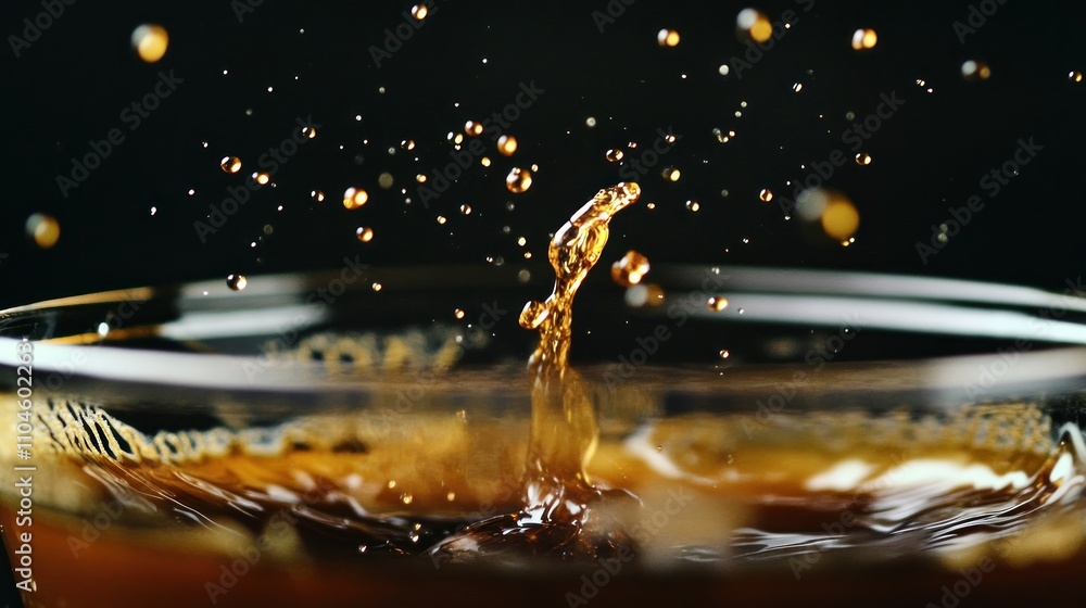 Poster close-up of liquid splashing in a glass, showcasing dynamic movement and texture.