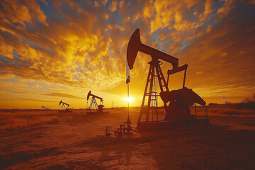 Oil well pump with oil derricks in the background against the sky. Oil and gas industry concept. 

