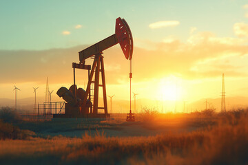 Oil well pump with oil derricks in the background against the sky. Oil and gas industry concept. 


