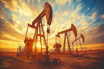 Oil well pump with oil derricks in the background against the sky. Oil and gas industry concept. 

