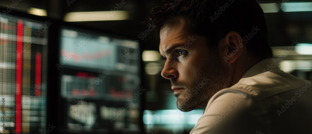 Aufkleber a focused individual analyzing data on multiple screens in a modern workspace.