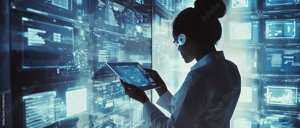 Poster businessperson accessing secure cloud storage files in high-tech office environment