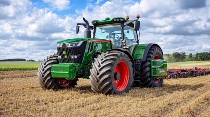 Obraz premium A tractor with a large tiller attachment cultivating a freshly harvested field