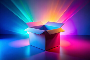 Open cardboard box glowing with vibrant neon light rays.