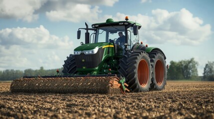Fototapeta premium A tractor with a large tiller attachment cultivating a freshly harvested field