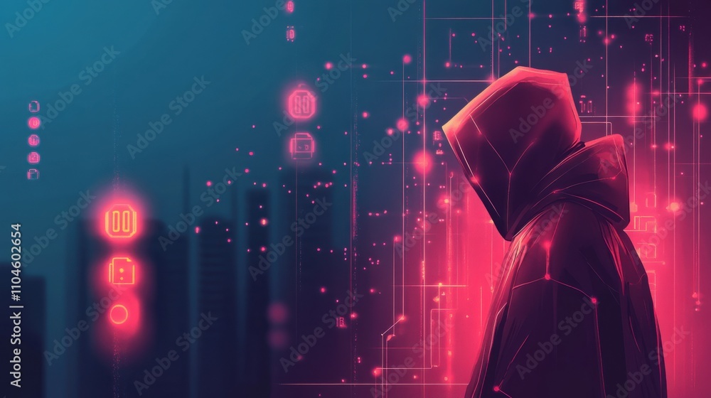Poster mysterious hacker in neon city with digital symbols and patterns