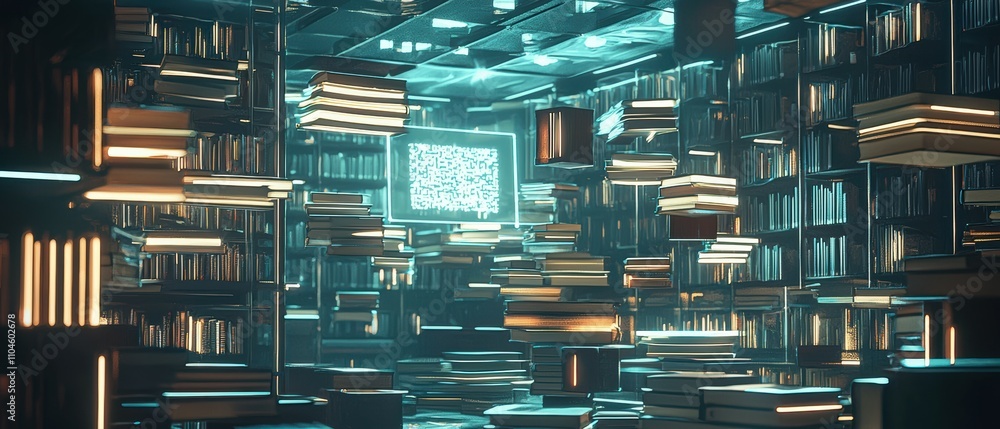Poster ai-powered library a digital innovation with holographic displays and immersive knowledge