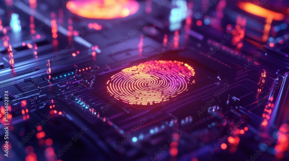 Poster digital fingerprint on circuit board displaying cyber technology