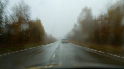 Fototapeta premium A blurred view of a rainy road with a car ahead, surrounded by fog and autumn trees.