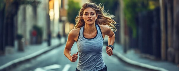 A woman energetically running on a street, depicted in an inspiring outdoor scene