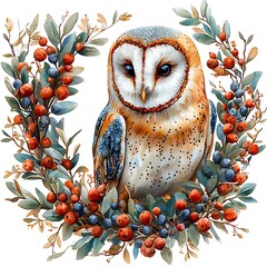 Barn Owl in Autumnal Berry Wreath Watercolor-Style Illustration.