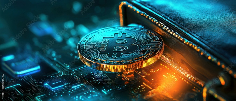 Poster digital finance security glowing bitcoin wallets with advanced encryption technology