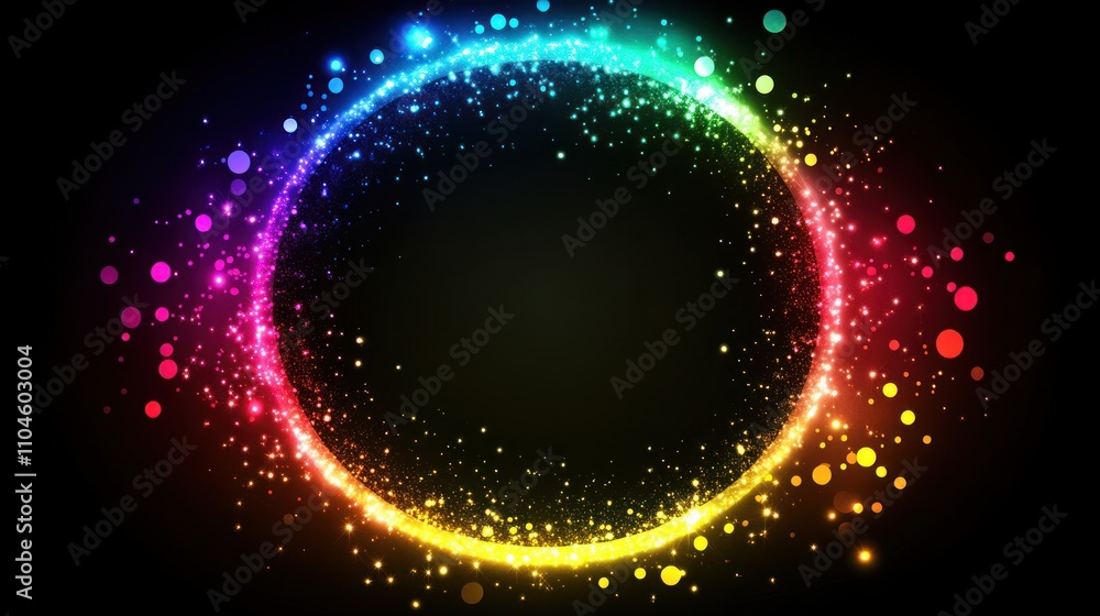 Poster a vibrant circular design featuring colorful sparkles and dots on a dark background.