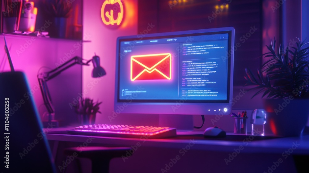 Poster a vibrant workspace with a glowing computer screen displaying an email interface.
