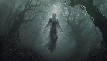 Ghostly Figure in a Fog-Filled Forest